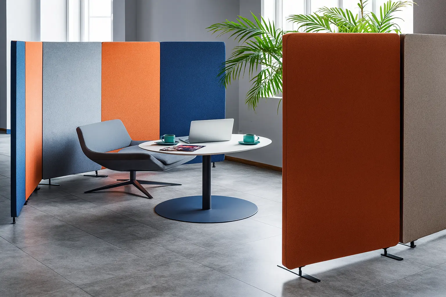 Fabric-wrapped acoustic divider between office desks