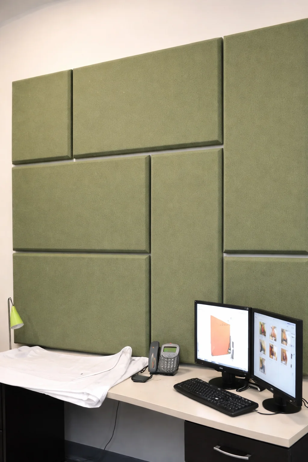 Clinic waiting room with acoustic fabric panels