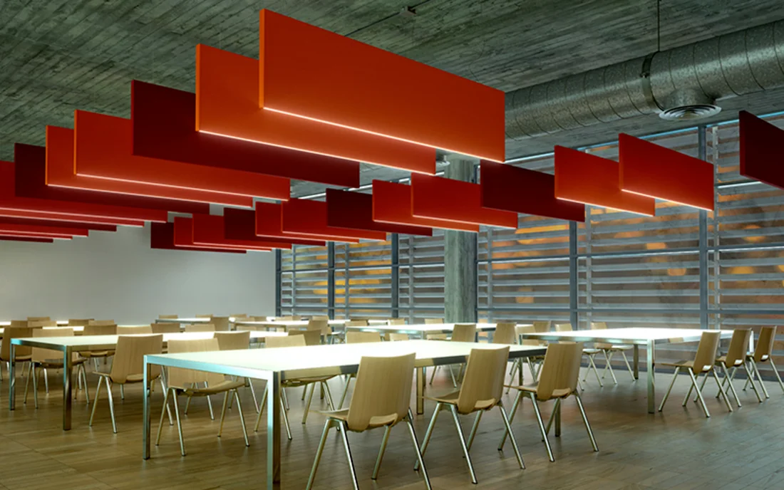 Fabric-wrapped baffle in commercial ceiling