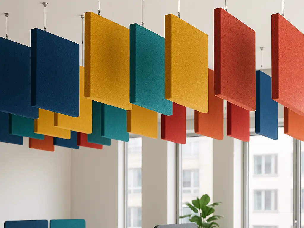 Commercial space with acoustic tiles