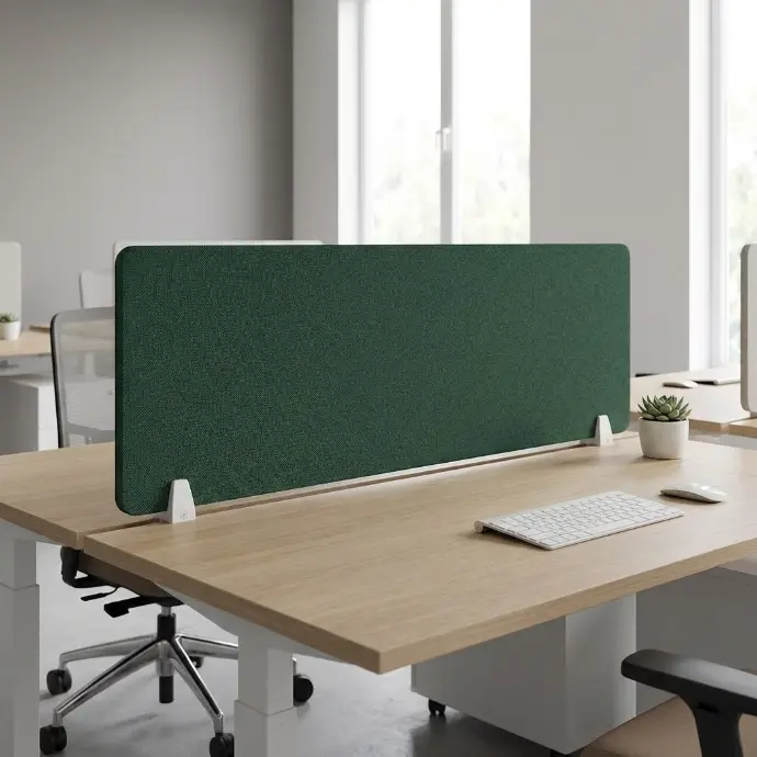 Grey acoustic desk divider with office chair in workspace