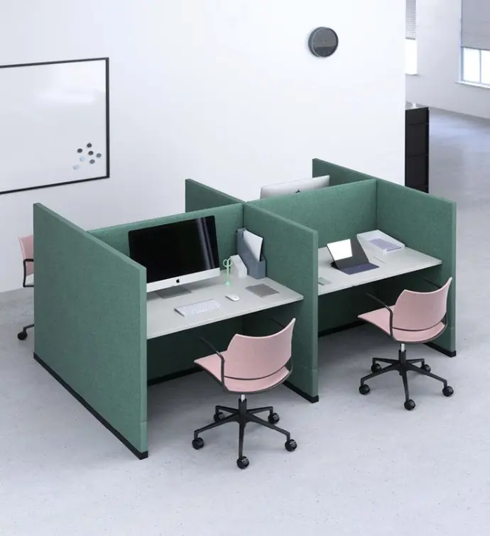Olive green acoustic partitions in open office environment