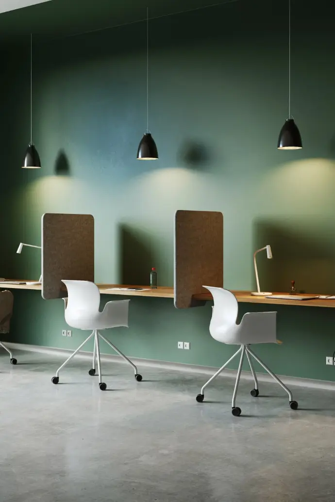 Fabric wrapped acoustic divider in neutral tones for commercial space