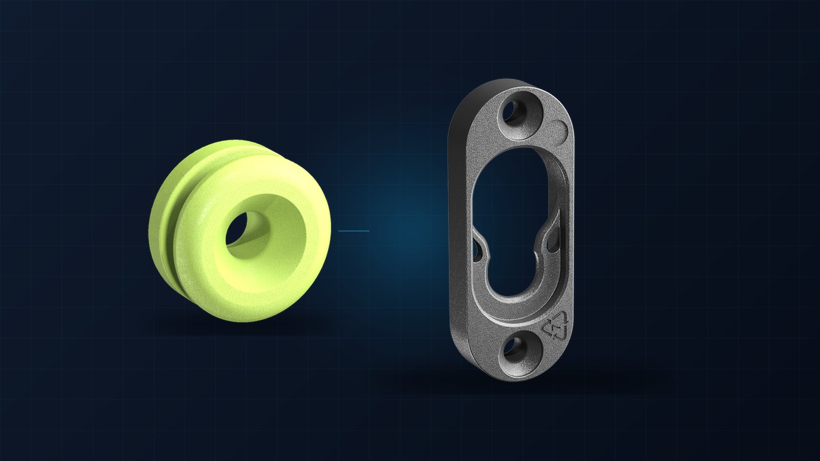 Button-Fix Type 1 Flush components — lime-green nylon Button (left) and recessed Fix plate (right) shown exploded — the slide-and-click acoustic panel mounting system supplied by Yamamah Smart in Saudi Arabia