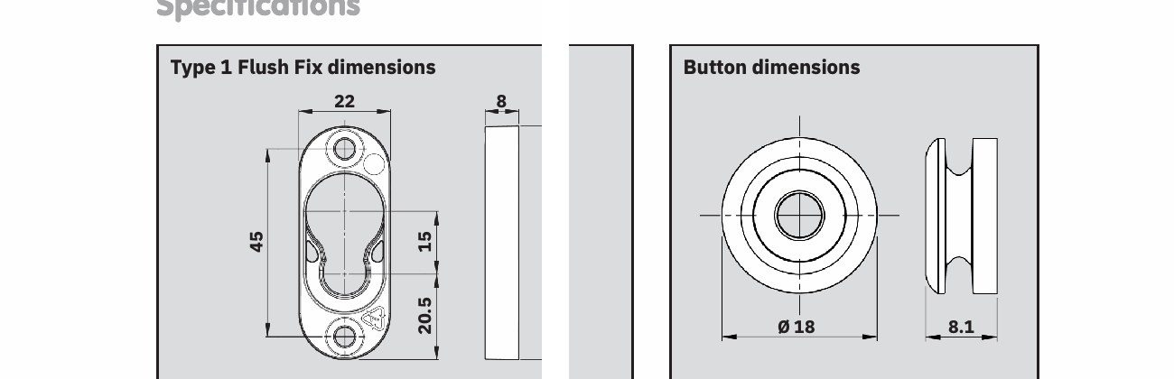 Button-Fix Type 1 Flush dimensional drawings — Fix 22 × 45 × 8 mm (oval rebate 22 × 56 × 8.1 mm) and Button Ø18 × 8.1 mm
