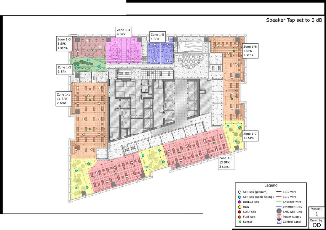 Sound masking system deployment example — color-coded acoustic zones with ceiling speakers and ambient noise sensors per zone, managed by single RL96 rackmount controller