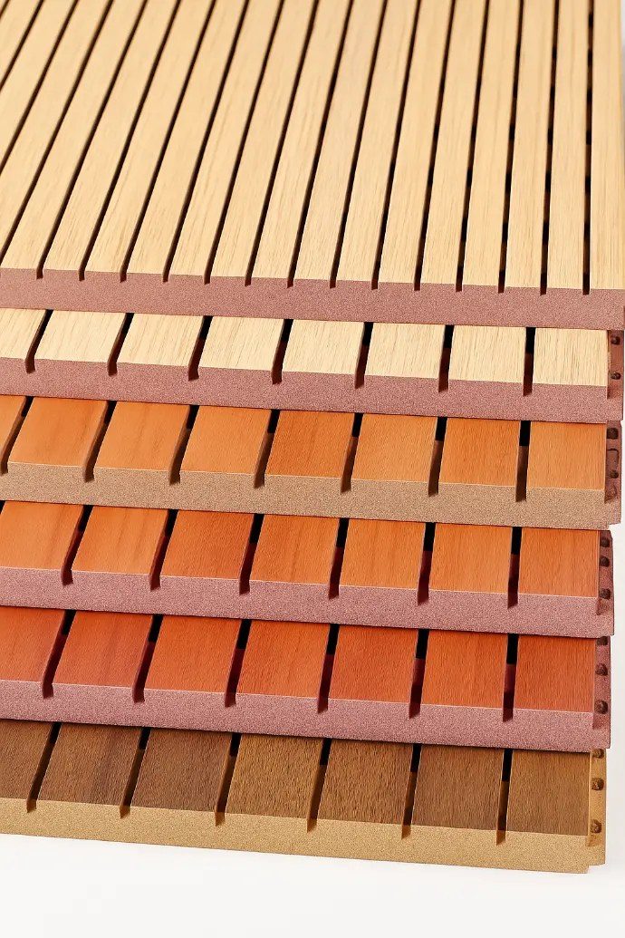 Yamamah Smart grooved wood acoustic panels in 6 different wood finish colours stacked — light cream, light tan, terracotta, orange-brown, oak, medium walnut