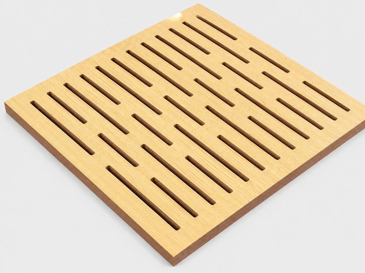 Yamamah Smart slotted wood acoustic panel close-up — vertical slots through a 16mm MDF substrate with natural oak veneer face