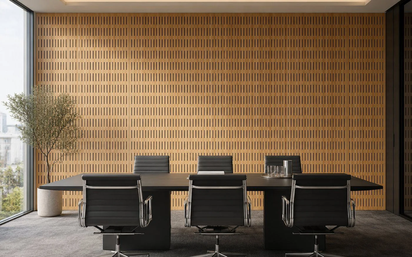 Slotted wood acoustic panels installed in a conference / boardroom — Yamamah Smart