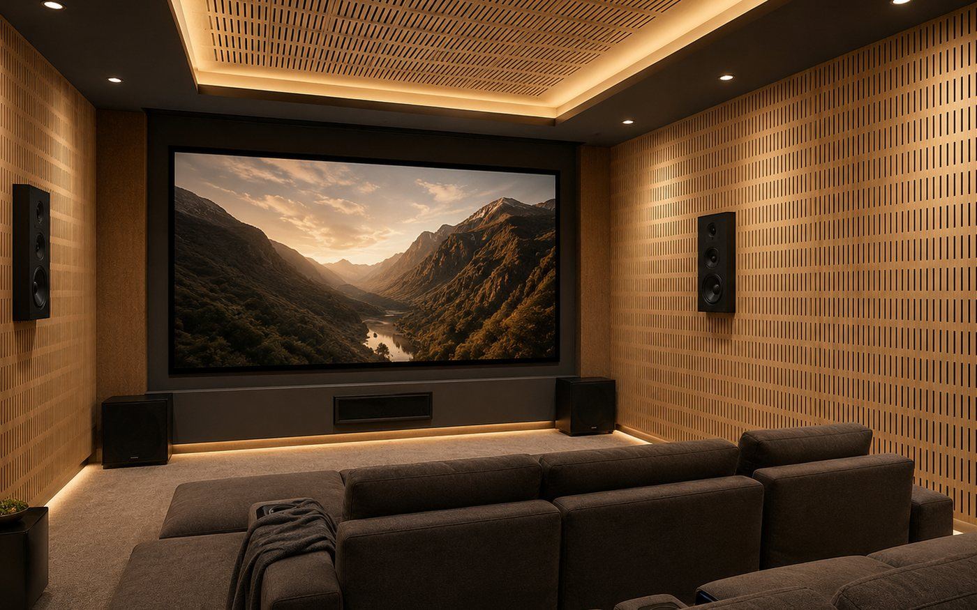 Slotted wood acoustic panels installed in a home theater — Yamamah Smart