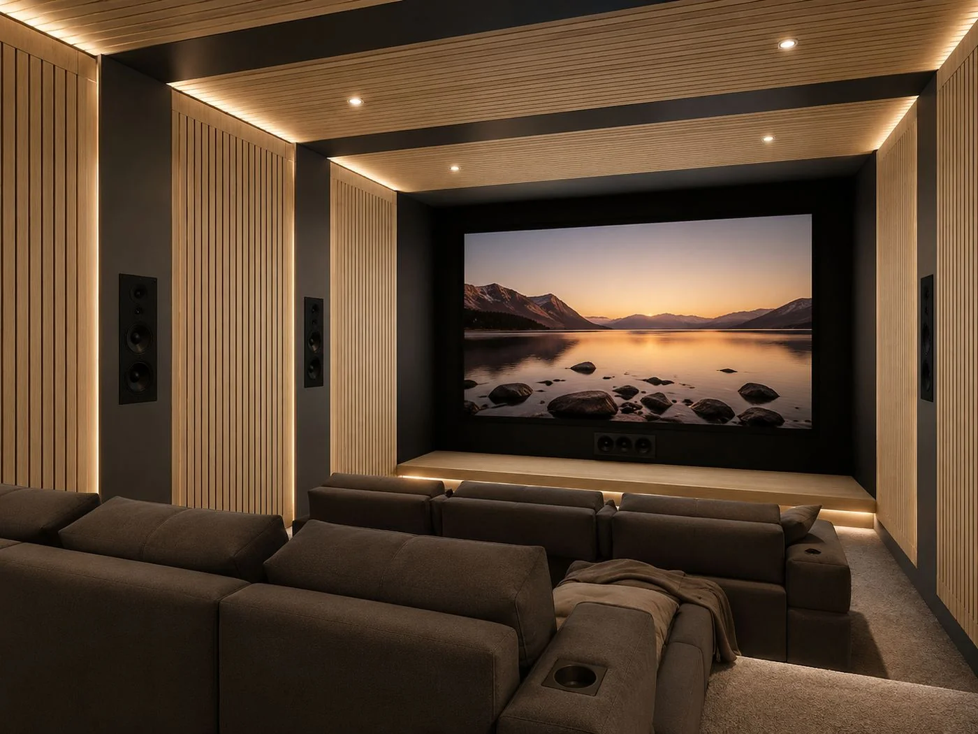 Grooved wood panels in home theater | ألواح خشب مخدّدة في مسرح منزلي