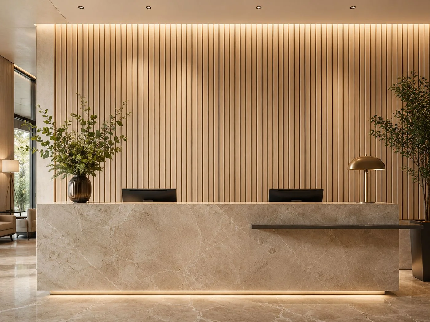 Grooved wood panels in hotel lobby | ألواح خشب مخدّدة في لوبي فندقي