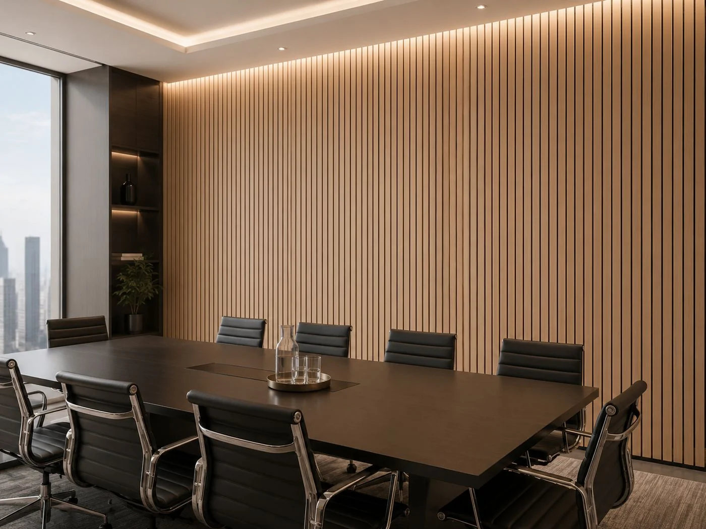 Grooved wood panels in conference room | ألواح خشب مخدّدة في غرفة اجتماعات