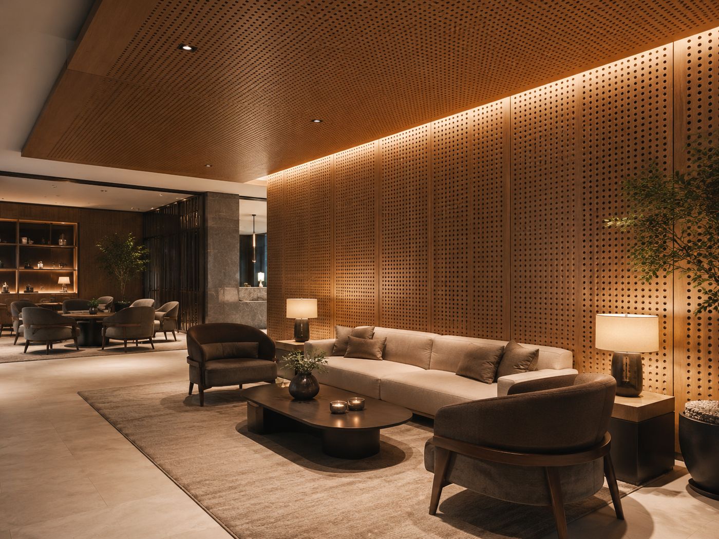 Perforated wood panels in modern lobby | ألواح خشب مثقبة في لوبي حديث