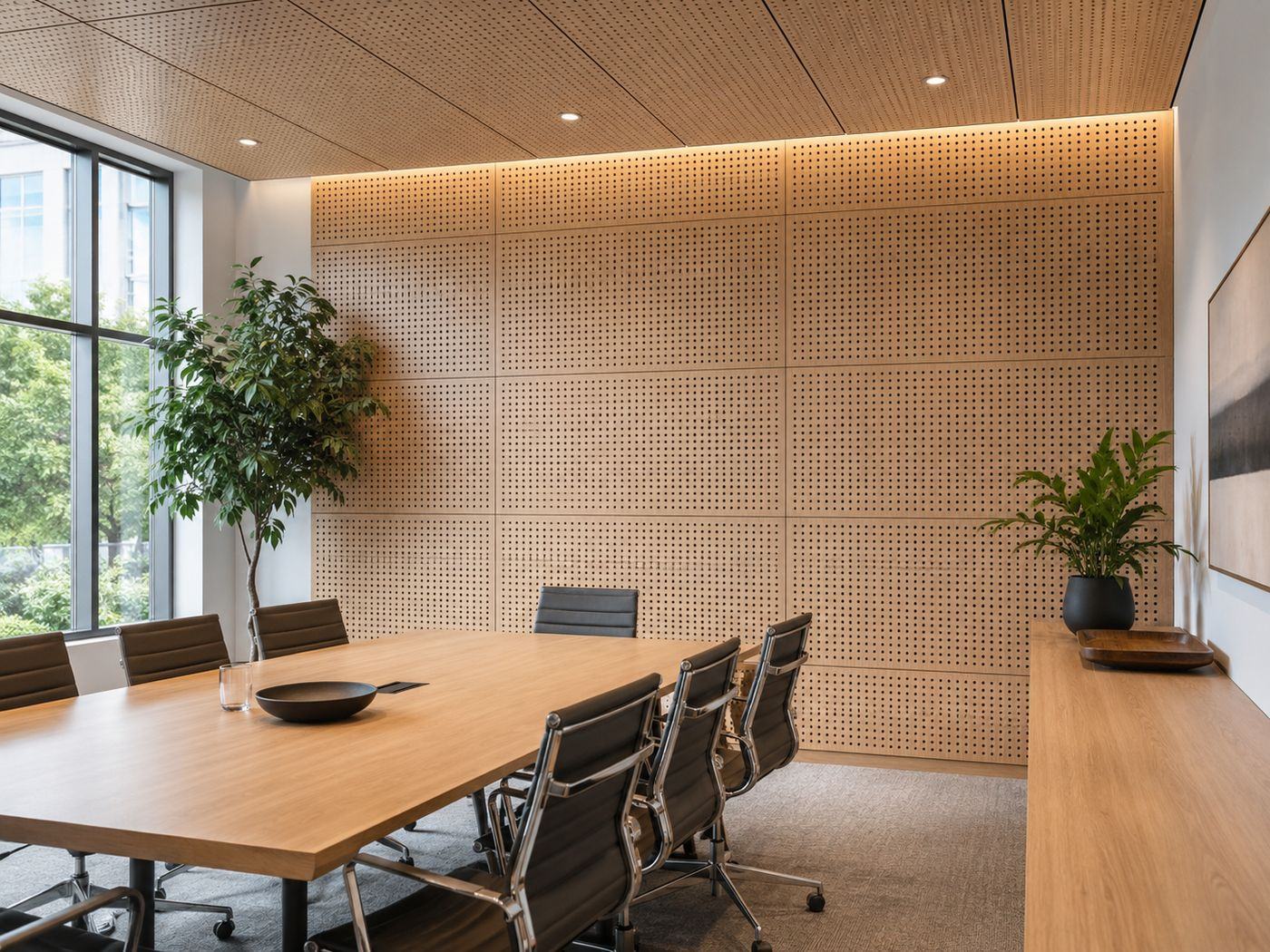 Natural oak perforated panels in a daylit meeting room — light wood finish with extensive perforation for high absorption
