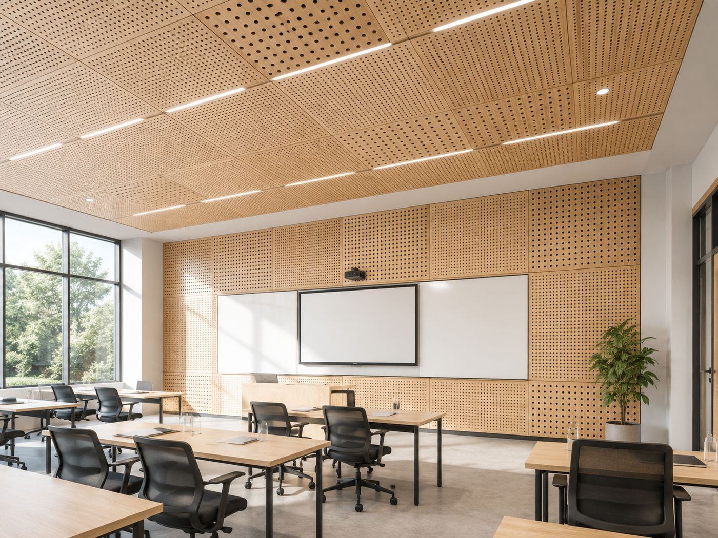 Warm walnut perforated wood panels covering a large feature wall and ceiling of a premium lobby lounge with marble reception and elegant lighting