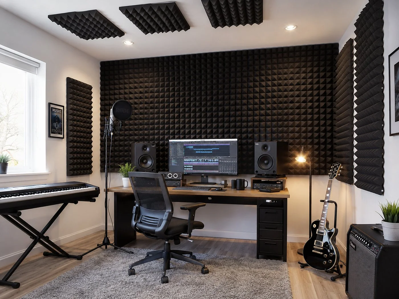 Foam acoustic panels in music production studio | إسفنج صوتي في استوديو موسيقى