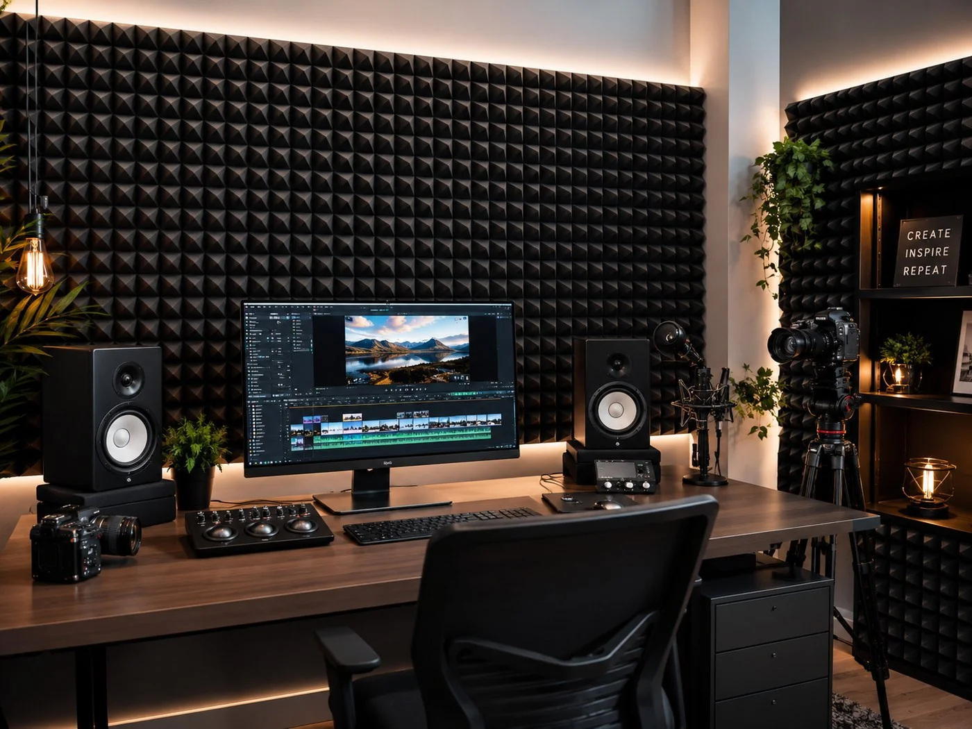 Content creator video editing workstation with pyramid acoustic foam wall, dual studio monitors, audio interface and DSLR camera setup