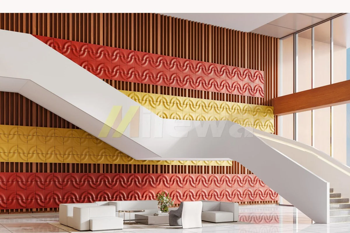 Lobby · Staircase — PET acoustic panel application