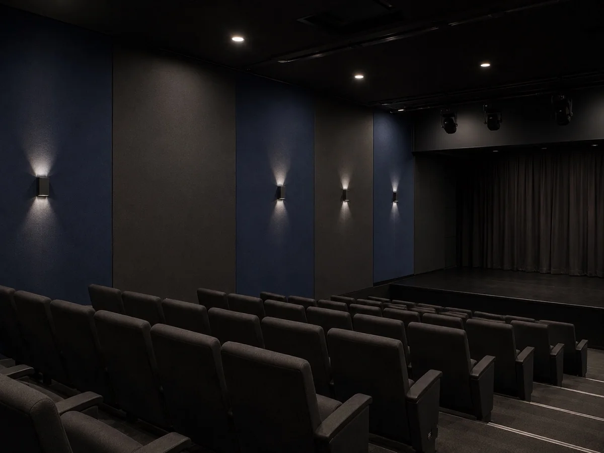 PET panels in navy charcoal auditorium | ألواح PET في قاعة كحلية وفحمية