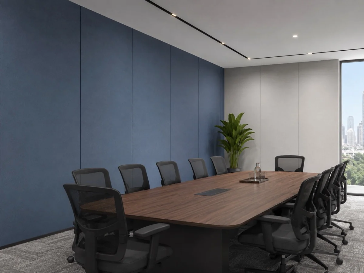 PET panels in executive boardroom navy stone | ألواح PET في غرفة بورد كحلية حجرية