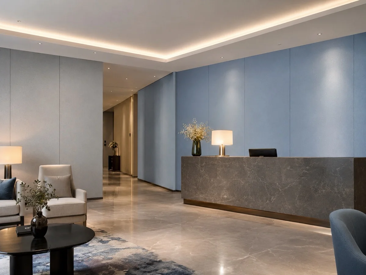 PET acoustic panels in blue hospitality lobby | ألواح PET صوتية في لوبي ضيافة أزرق
