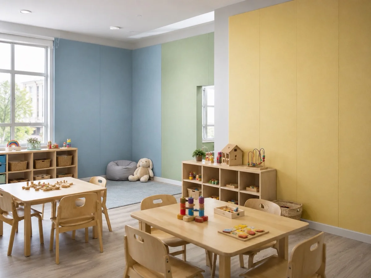 PET multicolor panels in nursery classroom | ألواح PET متعددة الألوان في فصل أطفال
