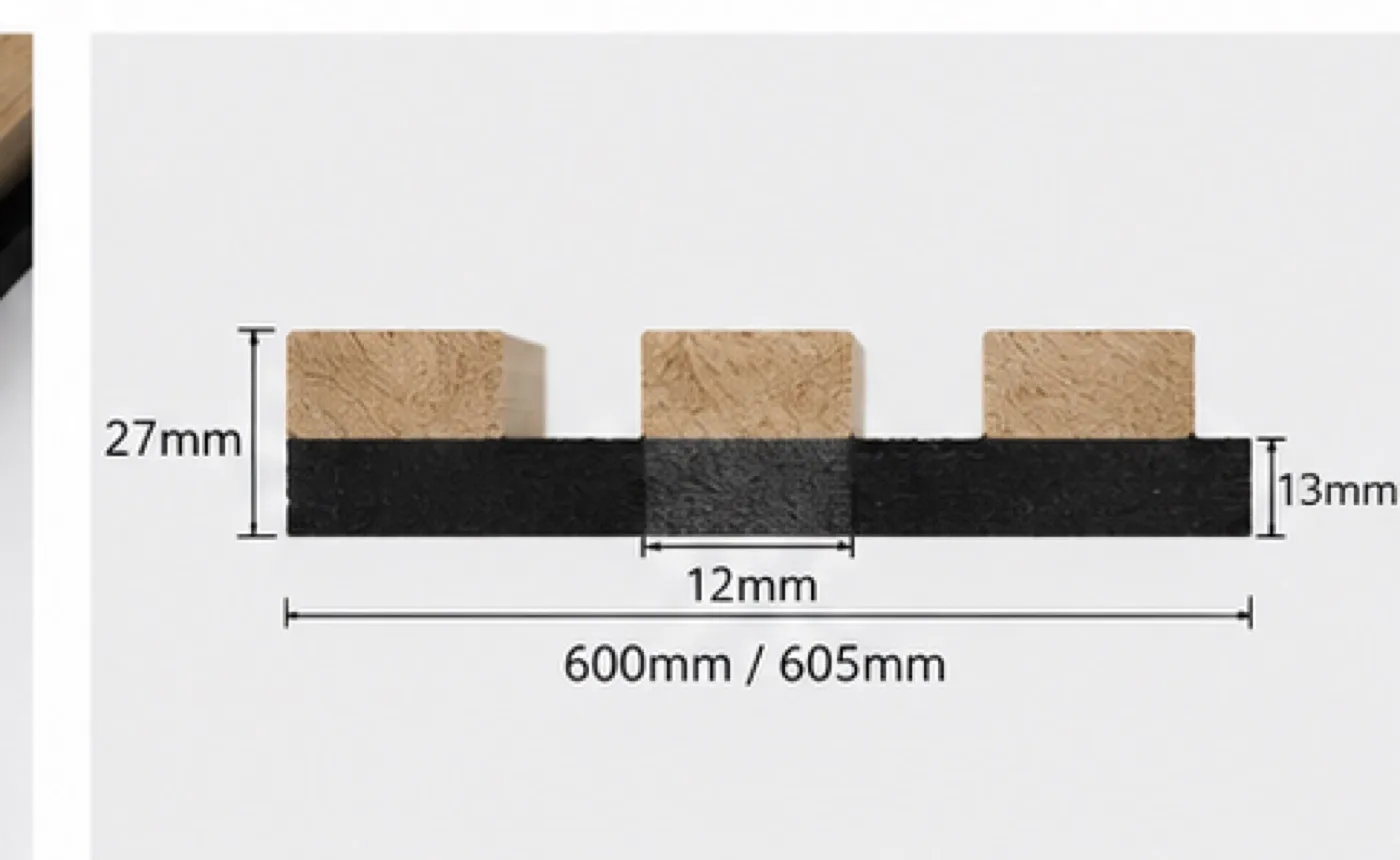 Cross-section: 27mm total, 13mm felt, 12mm slat, 600mm panel