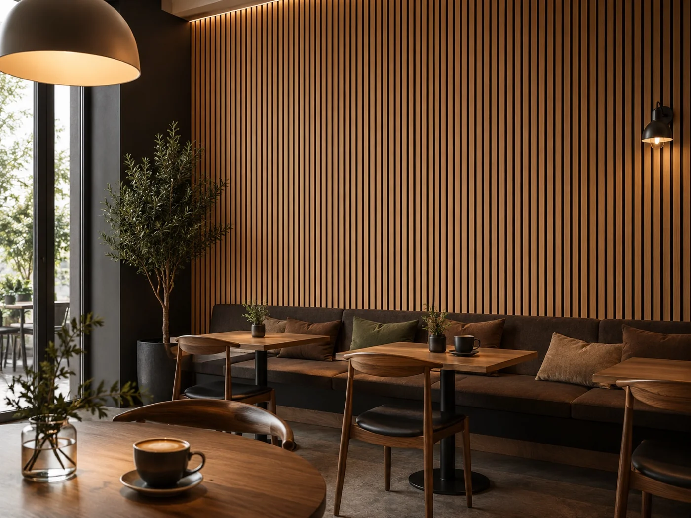 Café Bistro Wood Slat Acoustic Panels installation