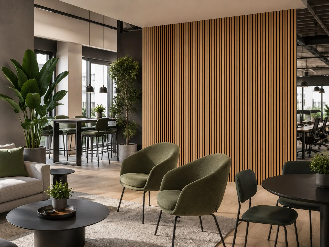 Modern open-plan workspace with acoustic treatment