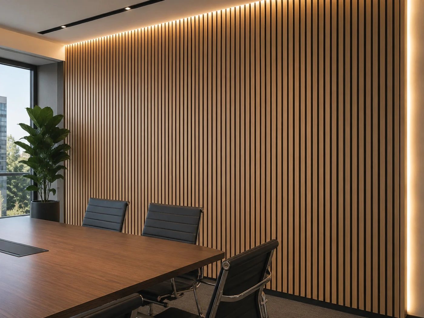 Conference room with Natural Oak Wood Slat Acoustic Panels