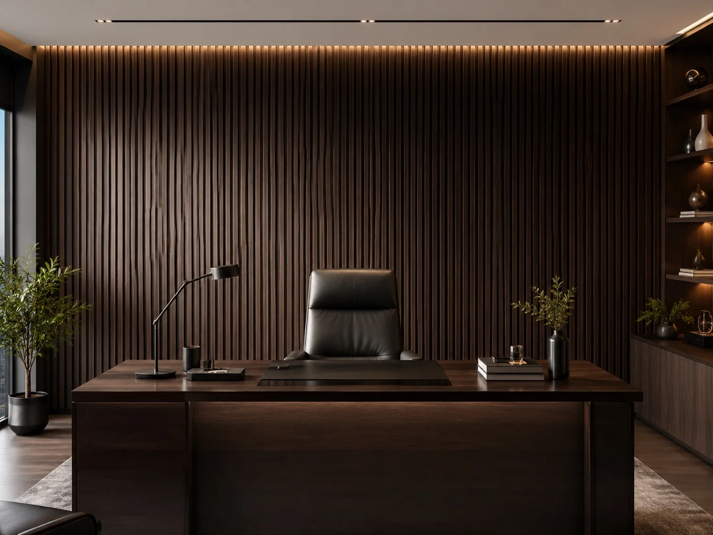 Executive office with Dark Walnut Wood Slat Acoustic Panels