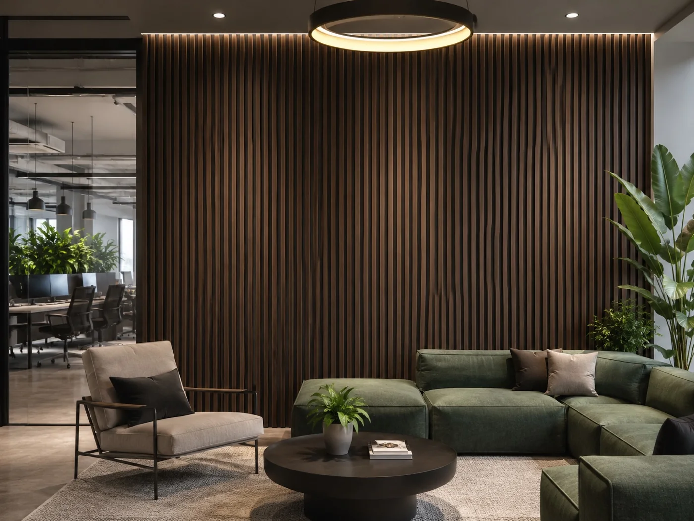 Office lounge with dark wood slats and green sofa