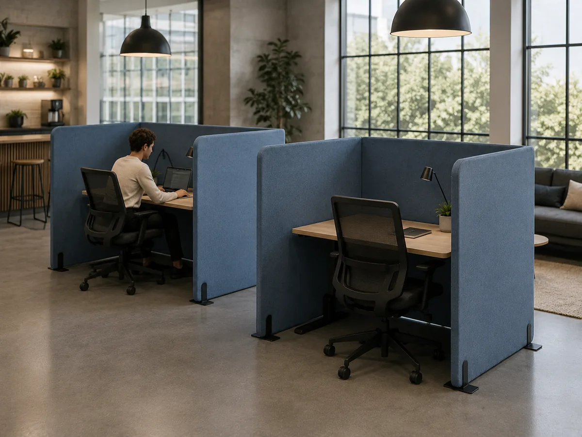 Two separate blue booths — Workstation Surround acoustic office divider by Yamamah Smart