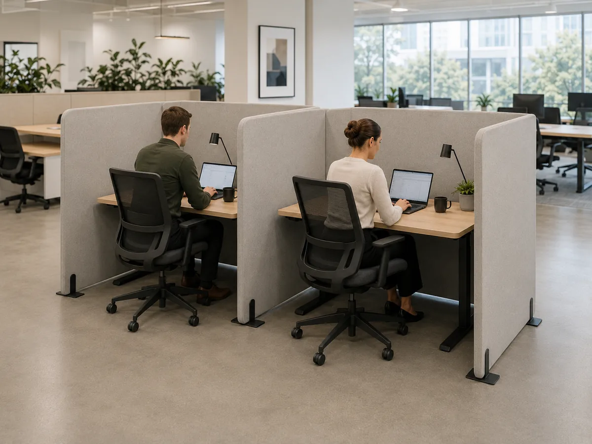 Twin L-shape workstations — Modular L/U-Shape acoustic office divider by Yamamah Smart