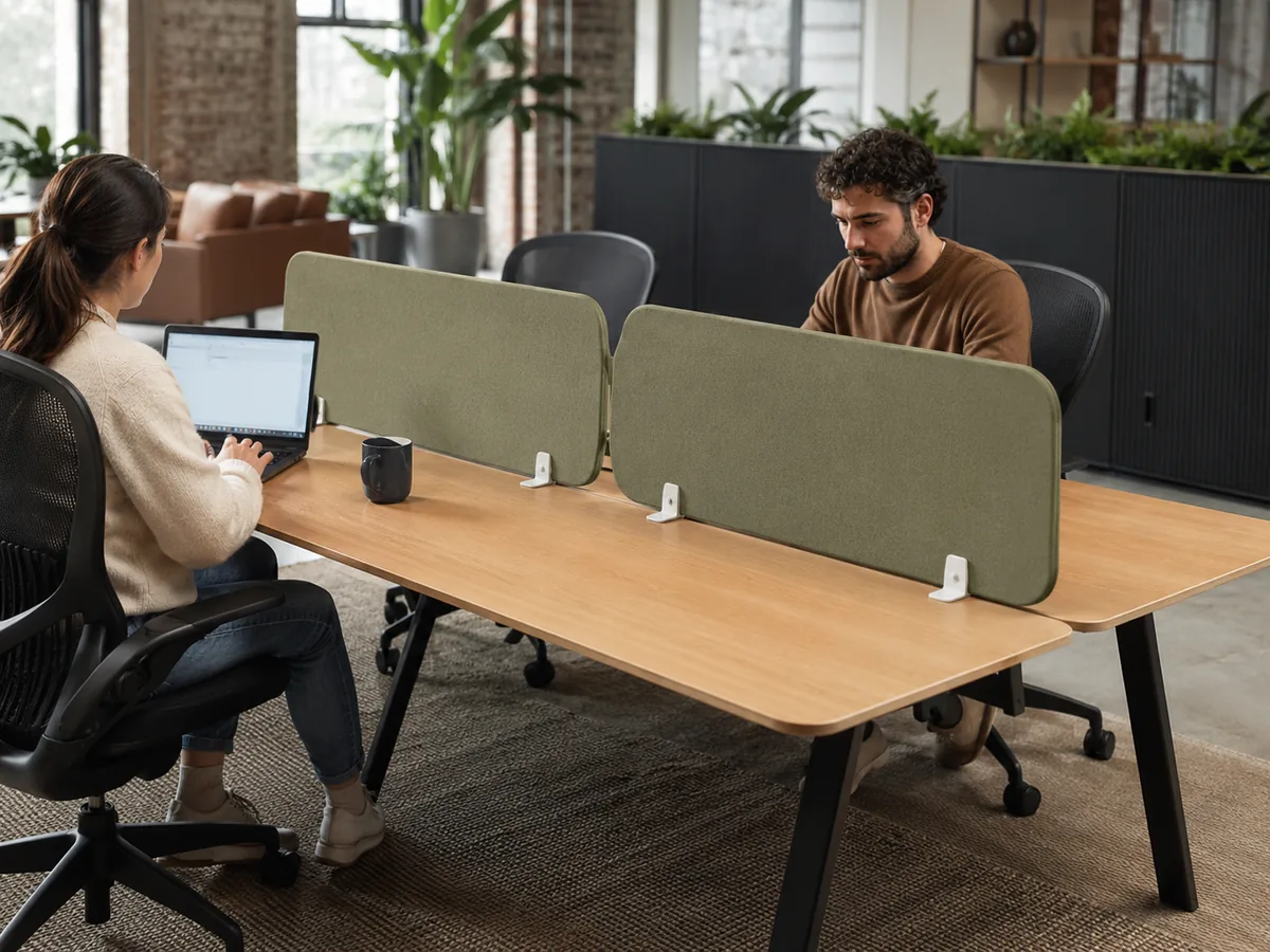 Twin green desk-top dividers — Desk-Top Privacy acoustic office divider by Yamamah Smart