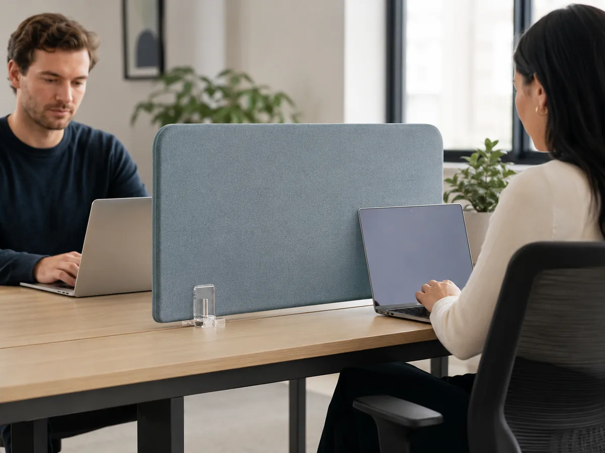 Gray-blue desk-top barrier — Desk-Top Privacy acoustic office divider by Yamamah Smart