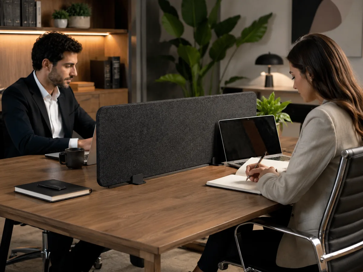 Executive dark gray desk panel — Desk-Top Privacy acoustic office divider by Yamamah Smart