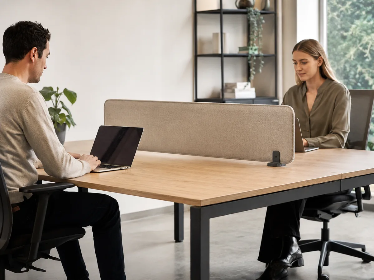 Beige desk-top on bench desk — Desk-Top Privacy acoustic office divider by Yamamah Smart