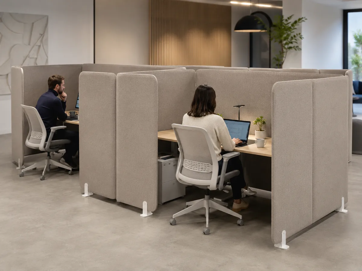 4-person modular booth array — Modular L/U-Shape acoustic office divider by Yamamah Smart