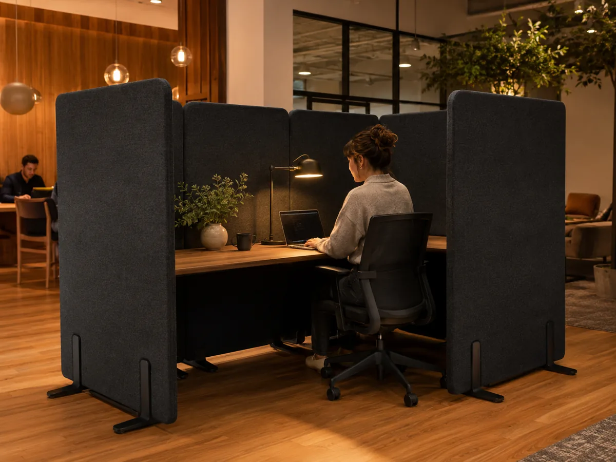 Dark gray 5-panel enclosure — Workstation Surround acoustic office divider by Yamamah Smart