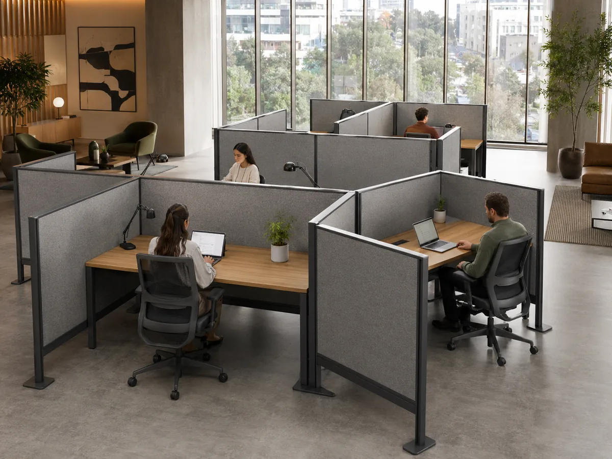 Multi-cubicle gray workstations — Modular L/U-Shape acoustic office divider by Yamamah Smart