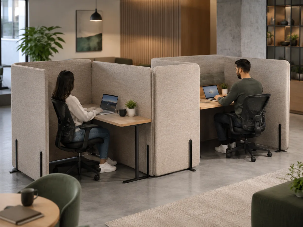Back-to-back modular L-shape acoustic dividers in beige and green for focused workspaces