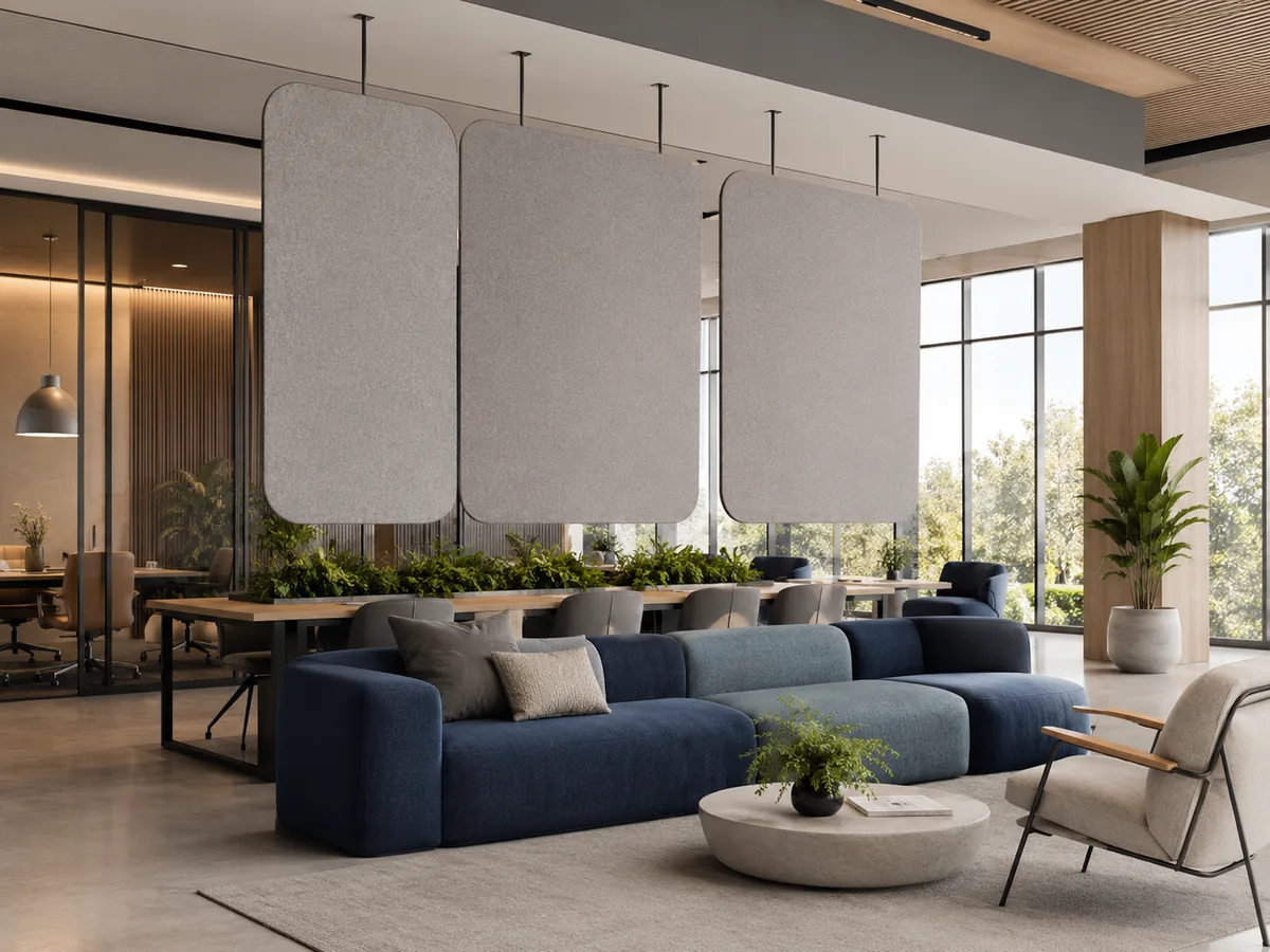 3 hanging panels in lounge — Hanging / Suspended acoustic office divider by Yamamah Smart