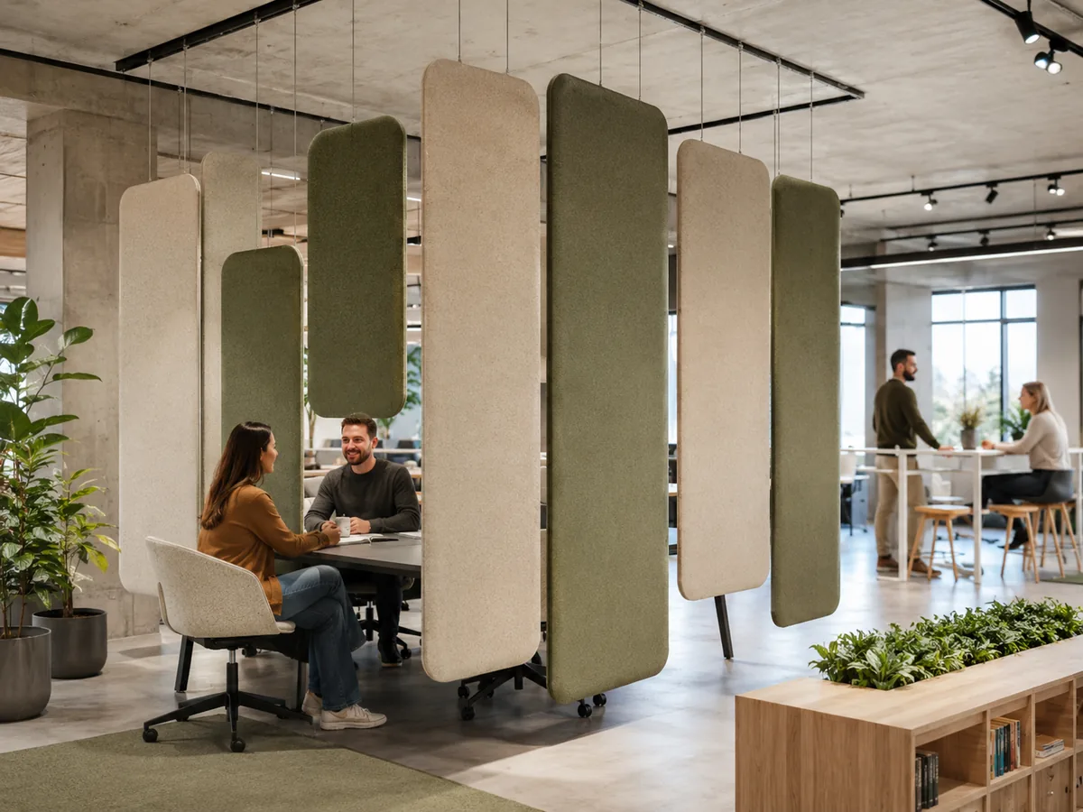 Multiple hanging panels in workspace — Hanging / Suspended acoustic office divider by Yamamah Smart