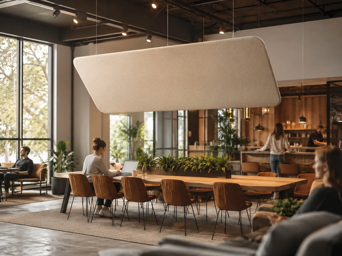 Single large overhead panel — Hanging / Suspended acoustic office divider by Yamamah Smart