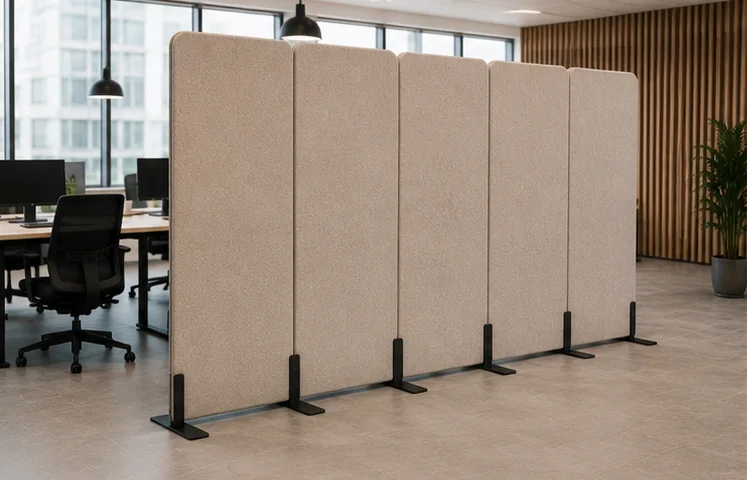 6-panel beige row in workspace — Floor-Standing Tall acoustic office divider by Yamamah Smart