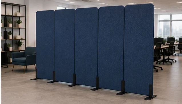 5-panel navy row by bookshelf — Floor-Standing Tall acoustic office divider by Yamamah Smart