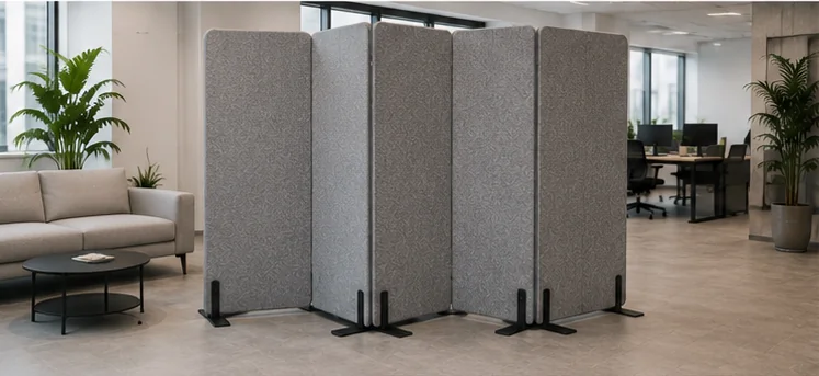 Gray panels in lounge area — Floor-Standing Tall acoustic office divider by Yamamah Smart