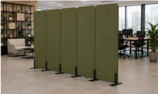 Green 5-panel office divider — Floor-Standing Tall acoustic office divider by Yamamah Smart